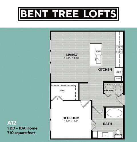 Floor plan for 1 bed, 1 bath, 710 sqft
